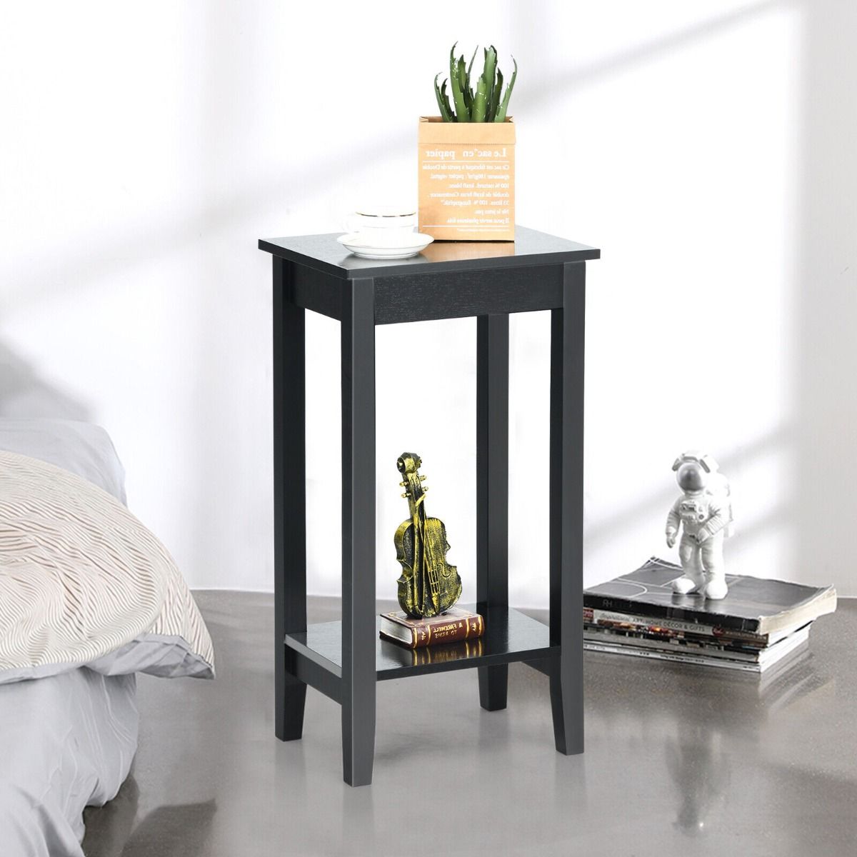2 Piece Versatile Wooden Narrow End Table with 2-Tier Storage Shelves